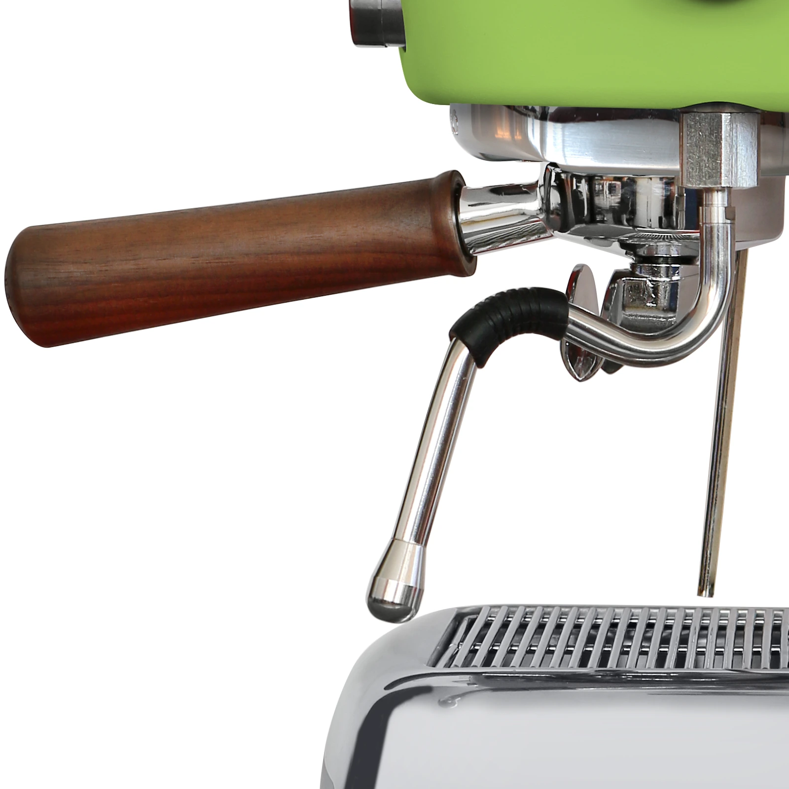 Close-up of the „Ascaso“ Dream PID steam wand and walnut-handled portafilter