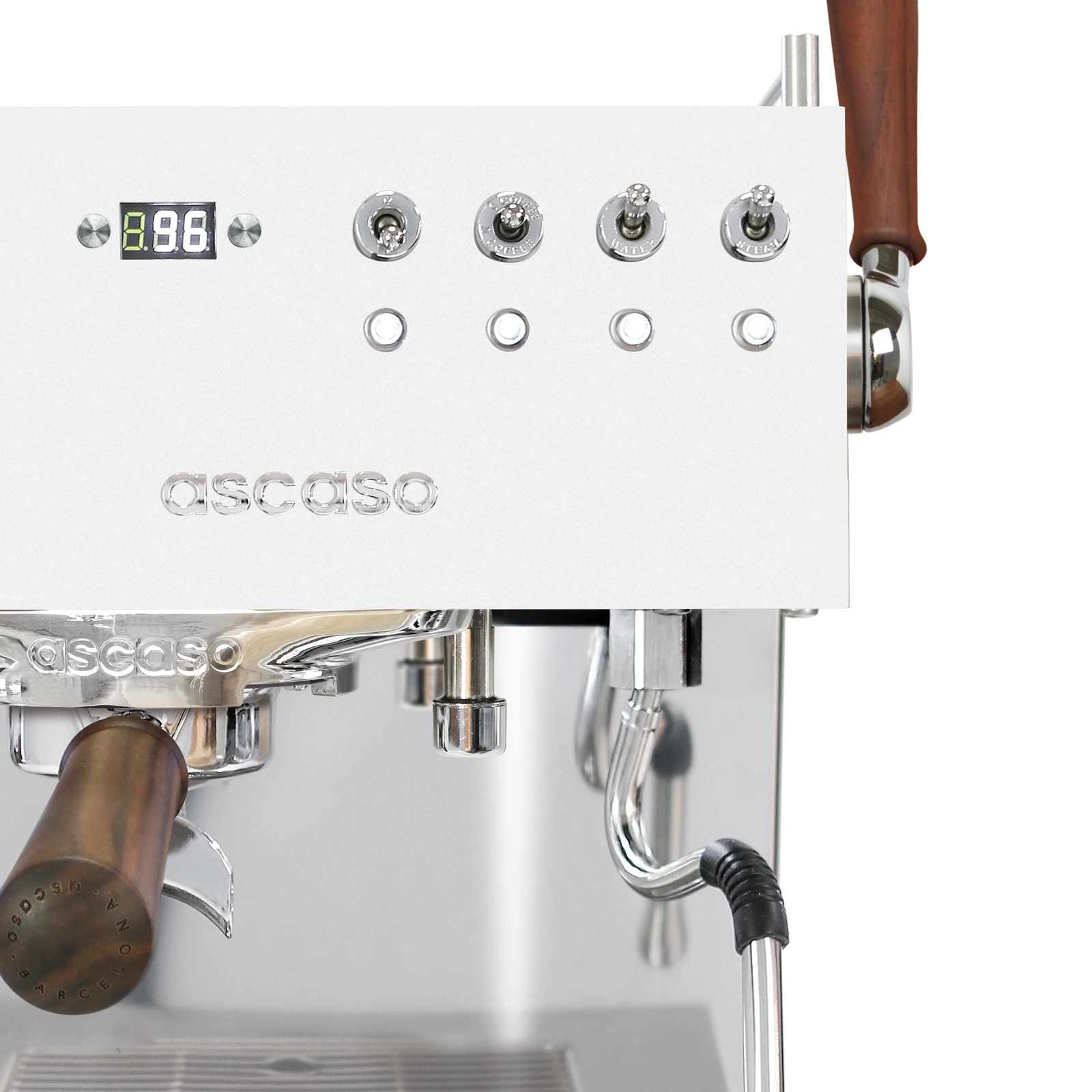 White „Ascaso“ Steel DUO PLUS from the front: display, walnut-handled steam lever and steam wand