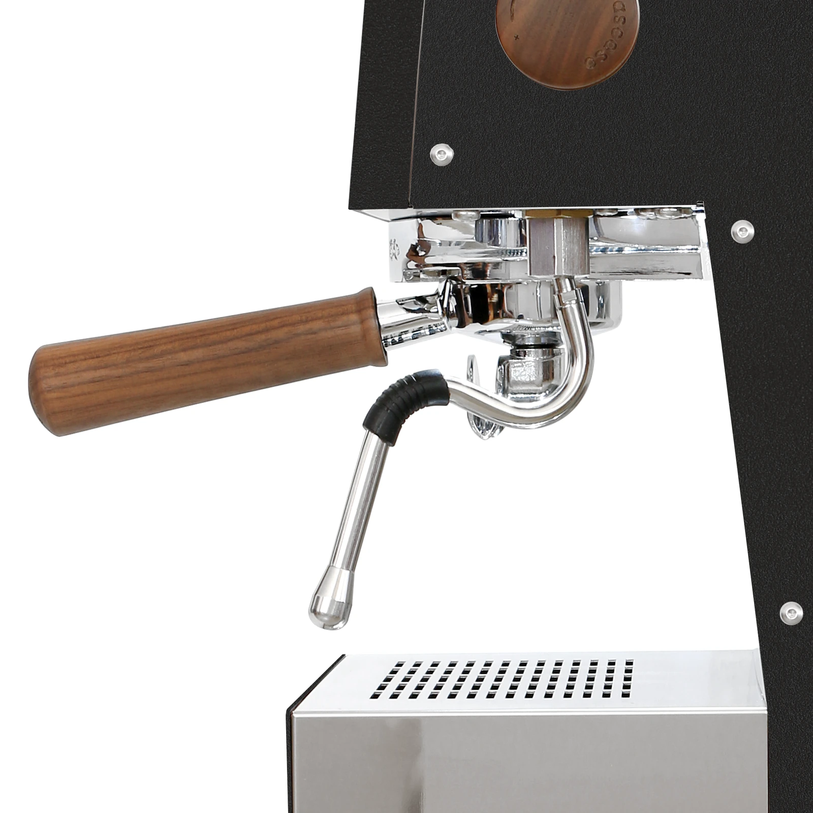 Black „Ascaso“ Steel UNO PID from the side: steam wand and walnut-handled portafilter